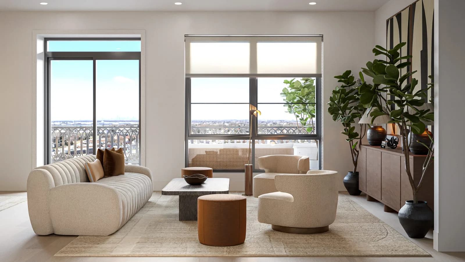 The Central living room with city views — Reverie3D Chicago