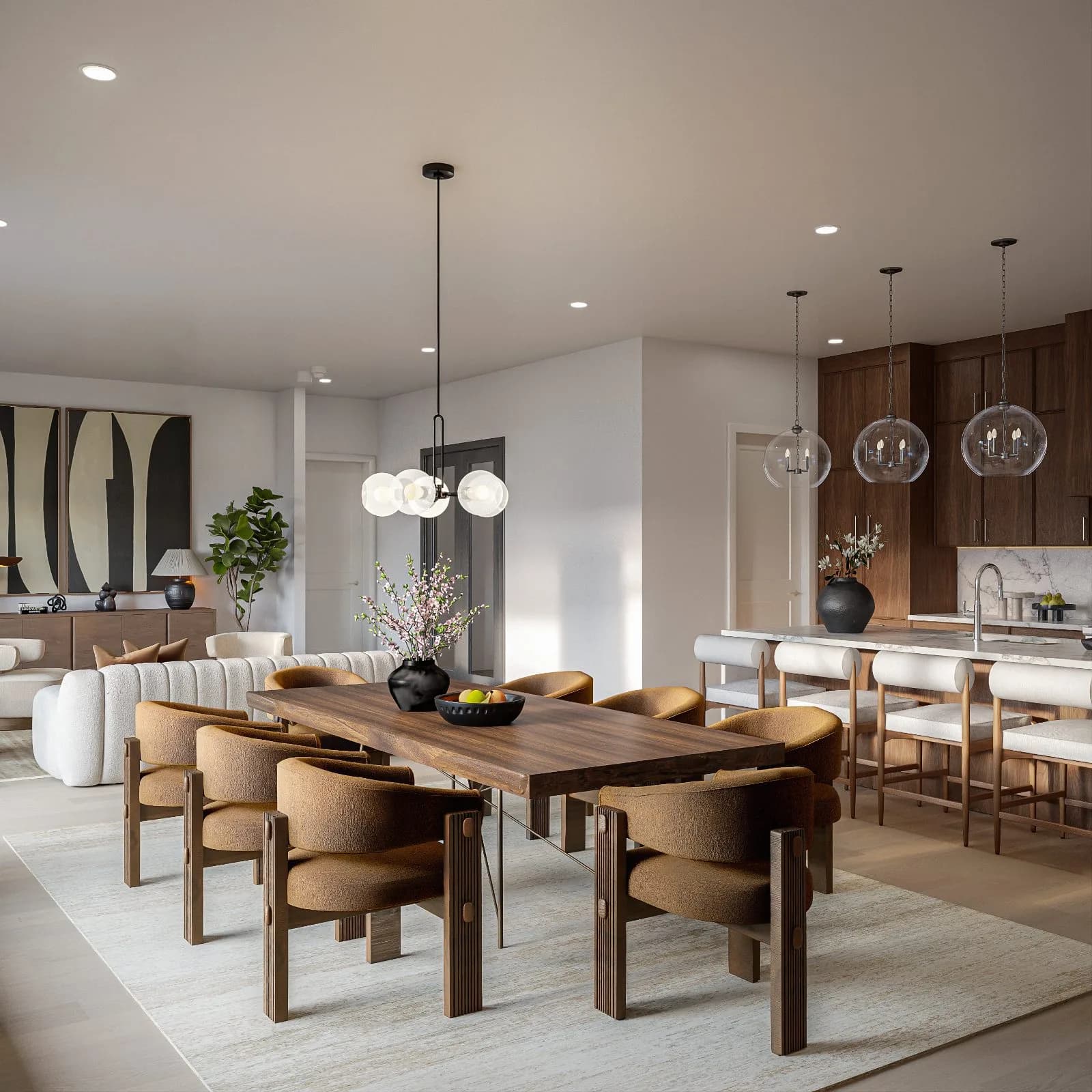 The Central dining area with walnut table and terrace views — Reverie3D Chicago