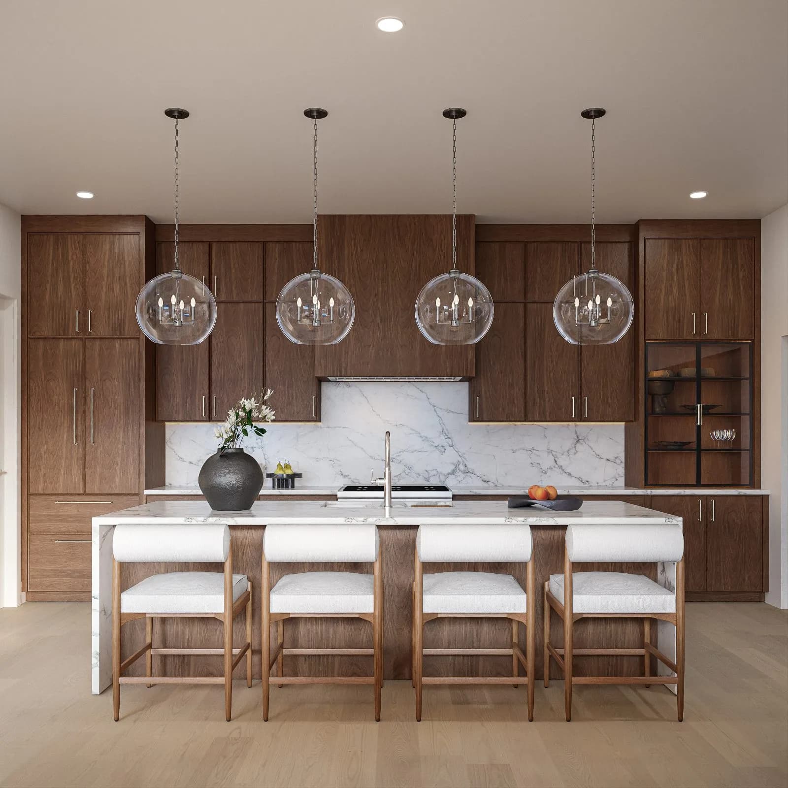 The Central kitchen full view with marble backsplash and island — Reverie3D Chicago