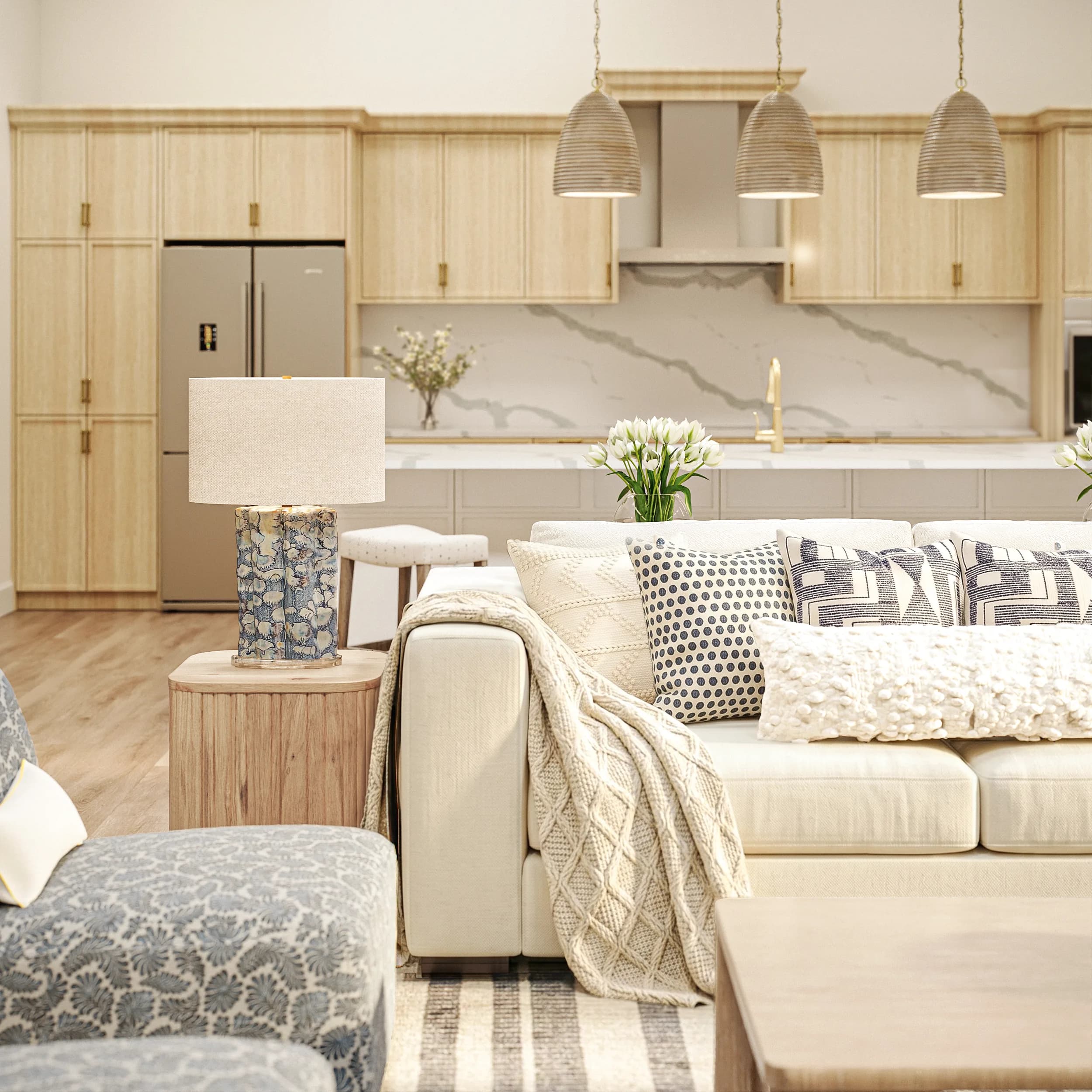 Sarasota model home living area & kitchen — Reverie3D Issa Homes partnership, Florida coastal new build