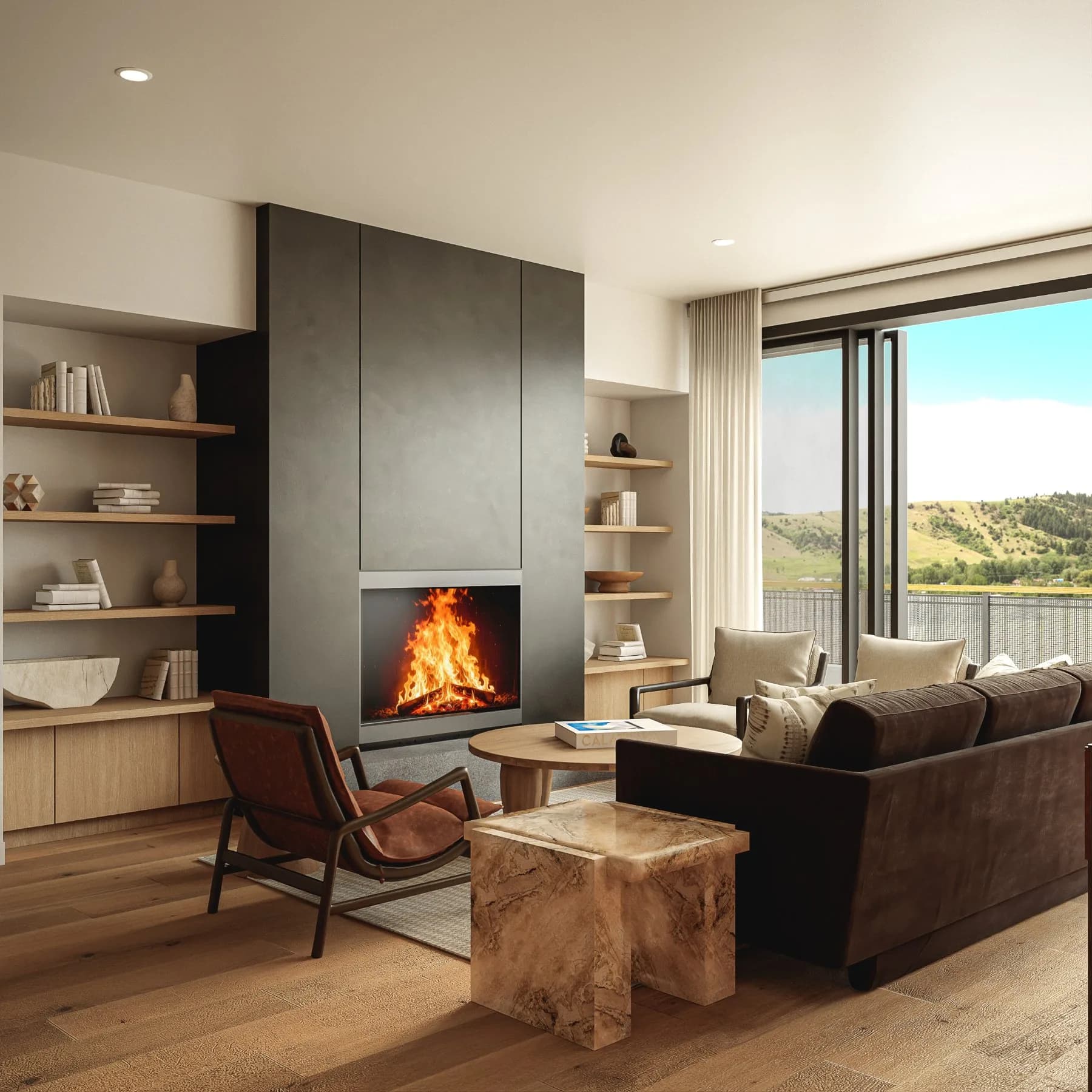 Reverie3D design context for Bozeman — mountain modern materiality: marble, leather, and white oak