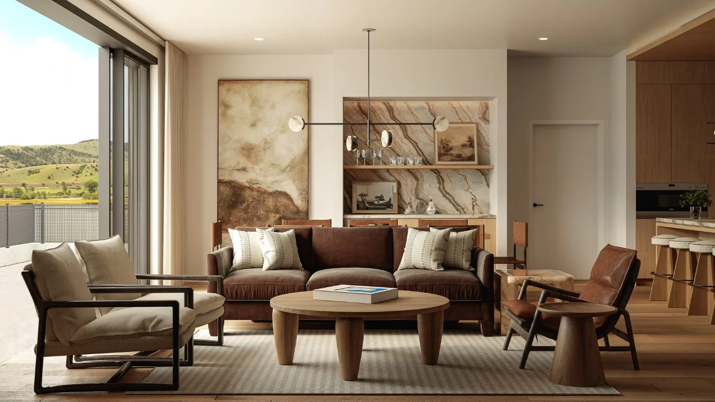 Reverie3D Bozeman — Montana mountain modern luxury living room with valley views