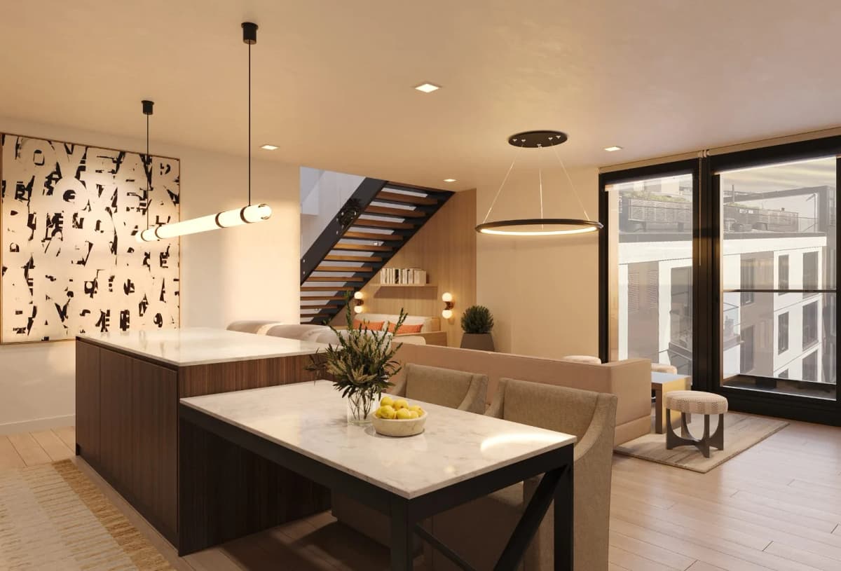 Dogpatch townhouse open living and kitchen with floating stair — Reverie3D San Francisco