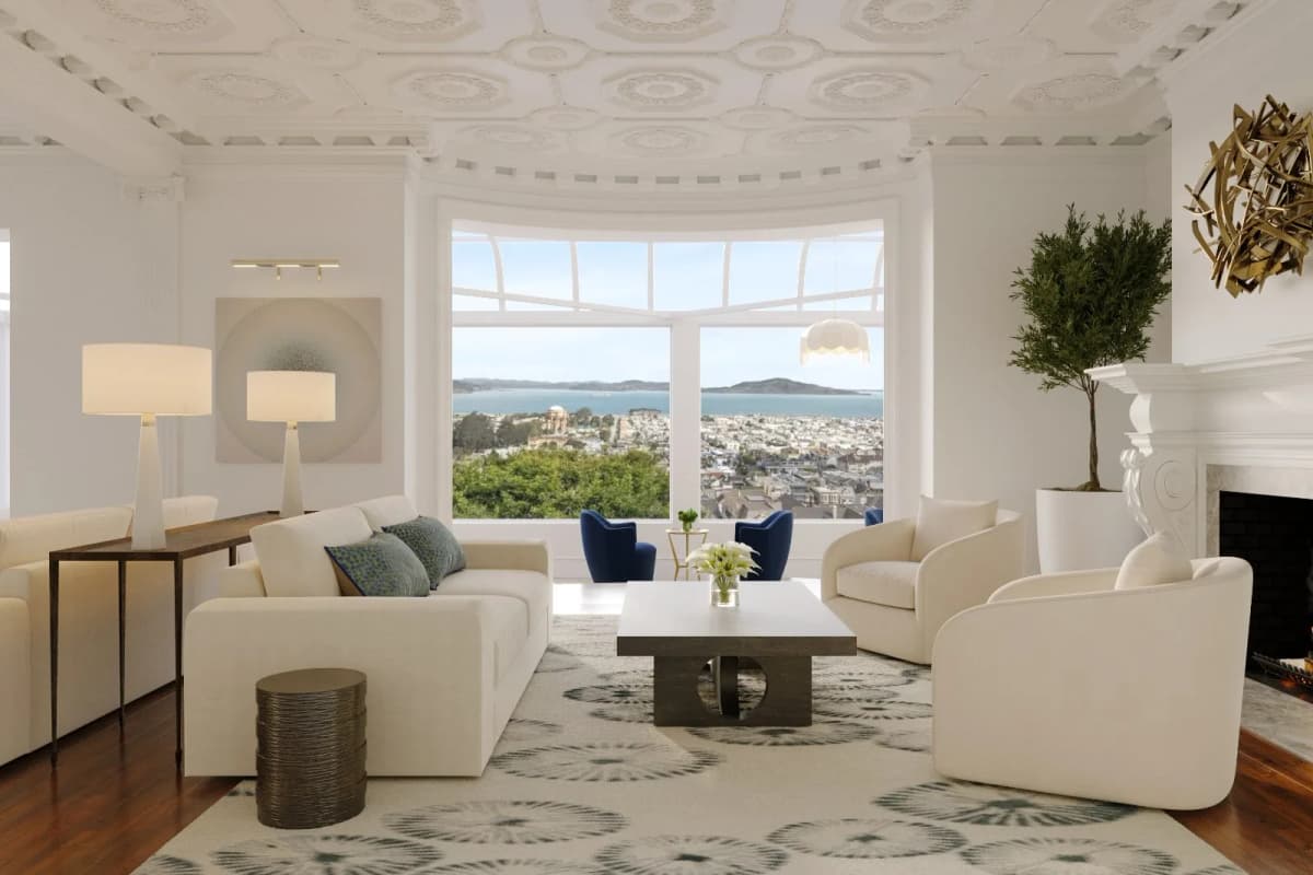 Pacific Heights mansion living room with bay-view solarium — Reverie3D San Francisco