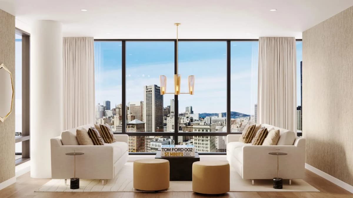 SoMa Four Seasons penthouse living room with skyline view — Reverie3D San Francisco