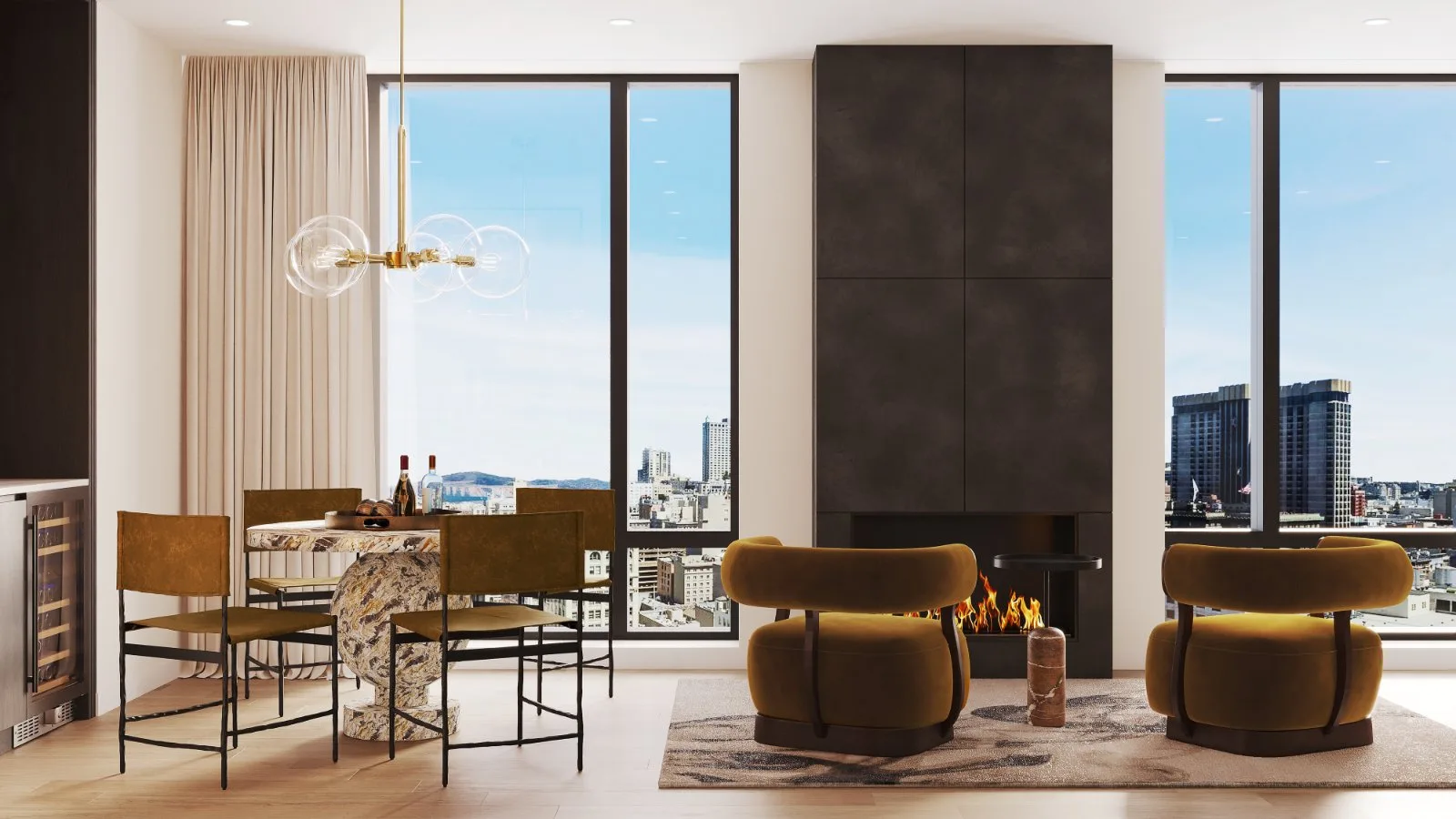 Four Seasons penthouse kitchen and family area with city views — Reverie3D for custom and spec home builders