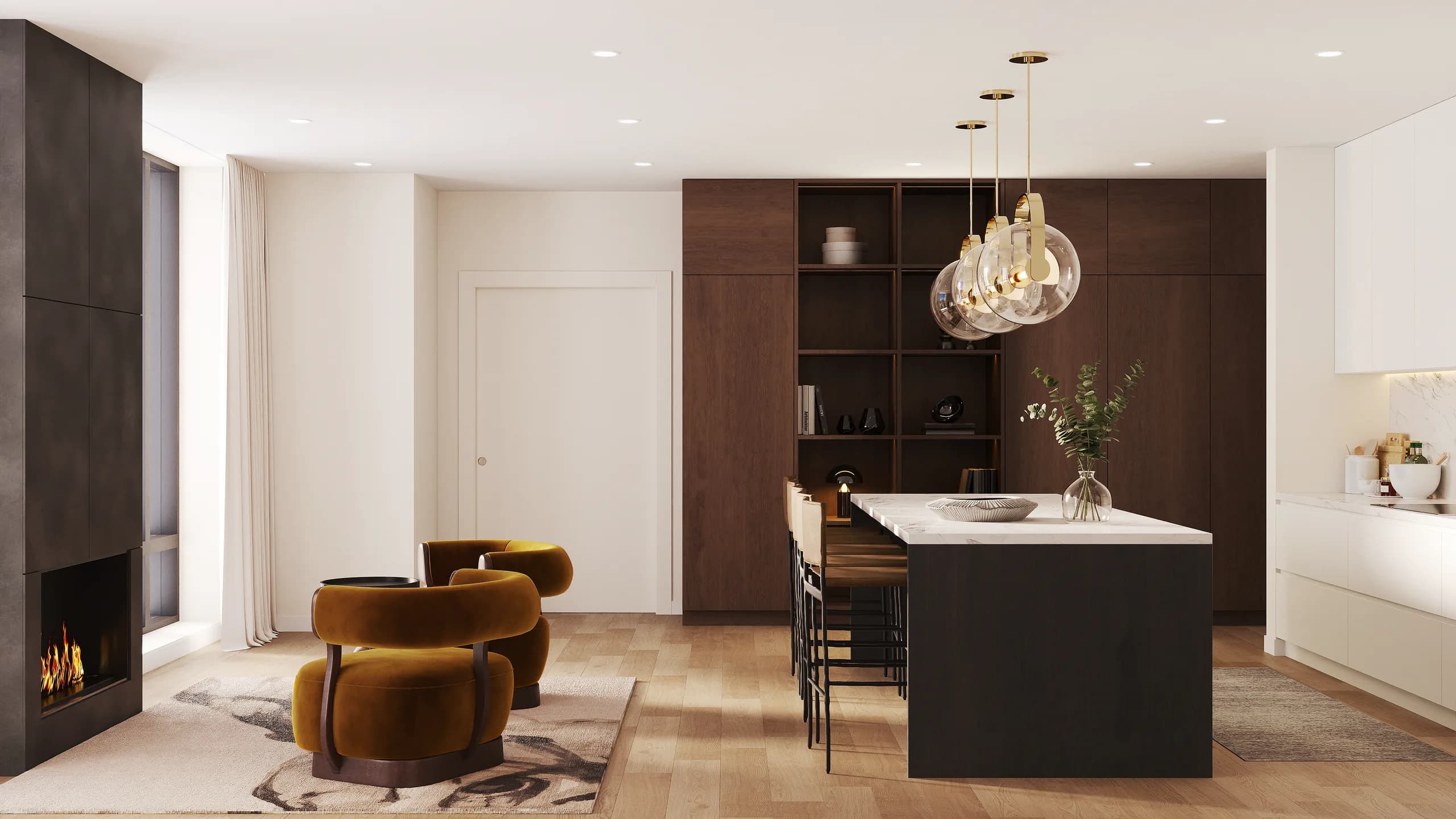 Reverie3D luxury family room with fireplace — beautifully imagined, ready to install for homeowners